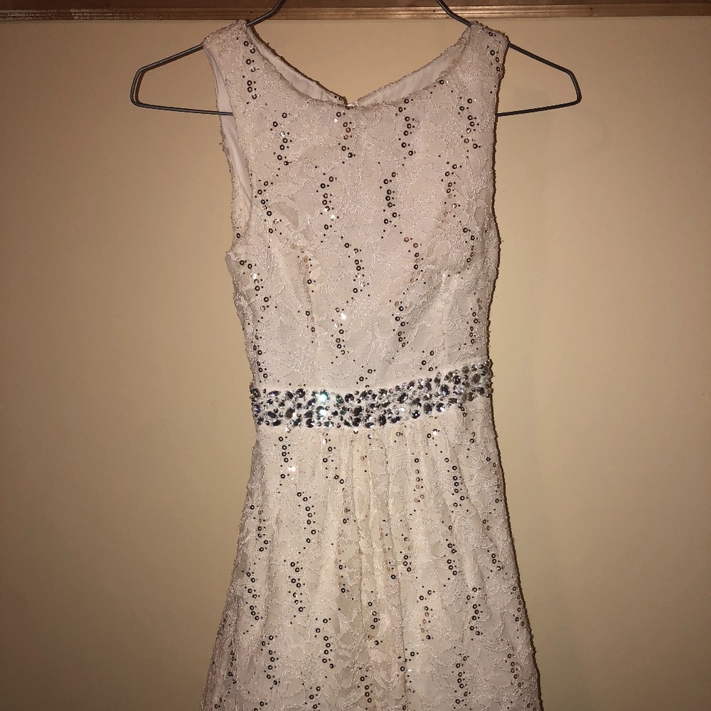 White Sparkly Short Belted Formal Dress